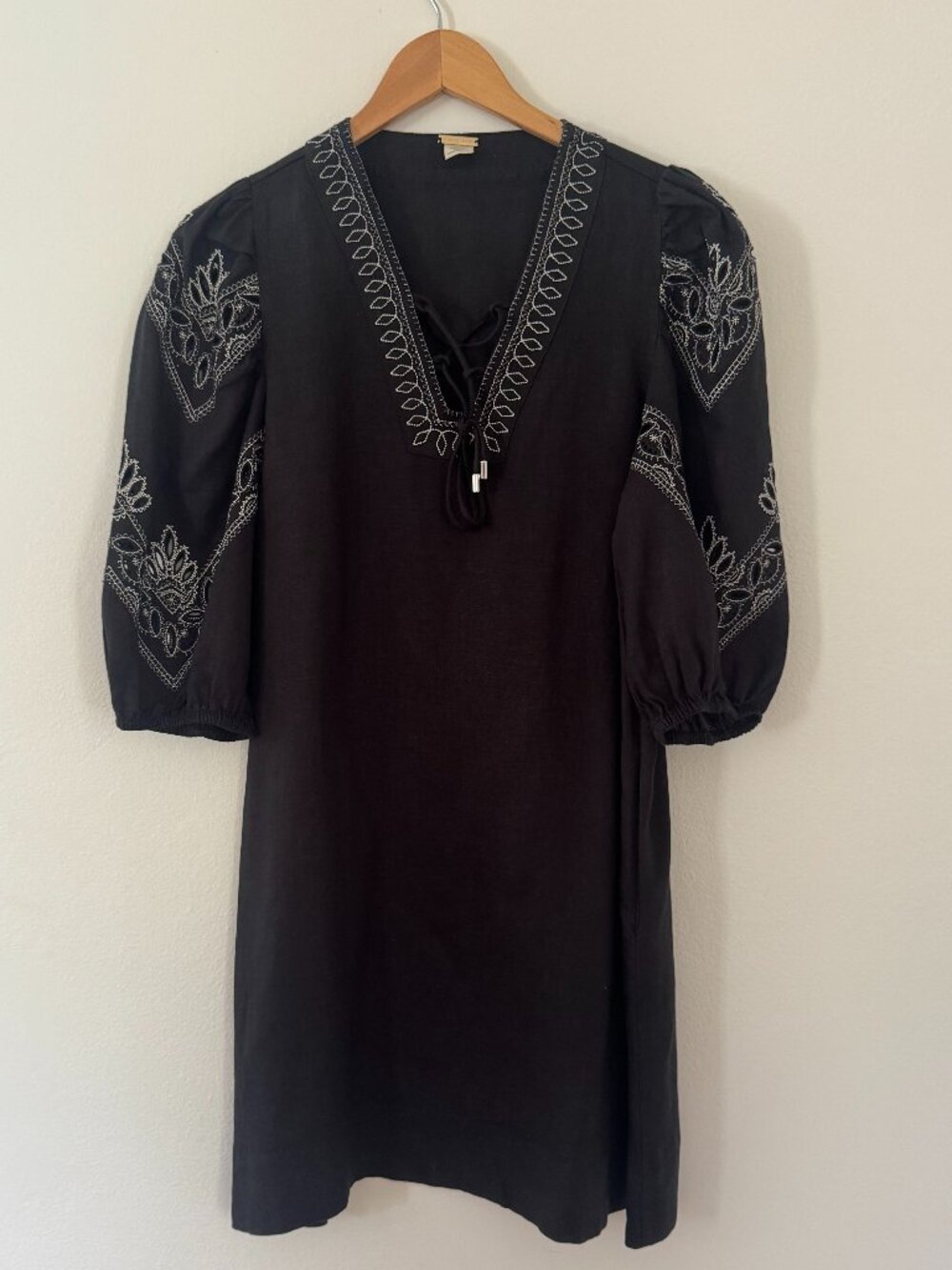 Magaschoni 100% Linen Embroidered Puff Sleeve Dress XS